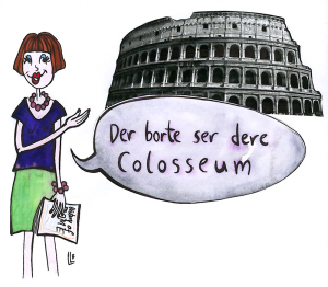Turid som peker på Colosseum.